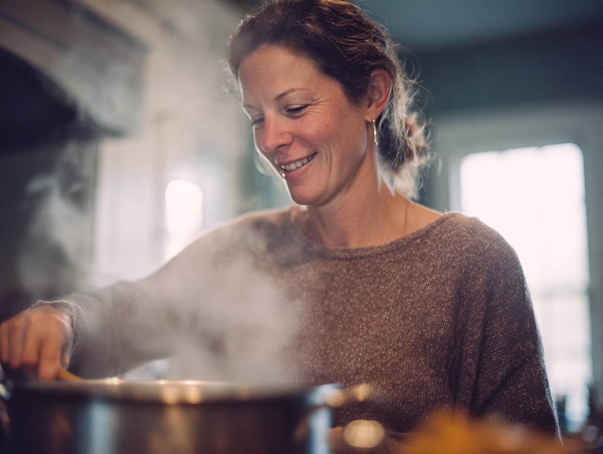 A woman smiling while stirring a pot of soup at home