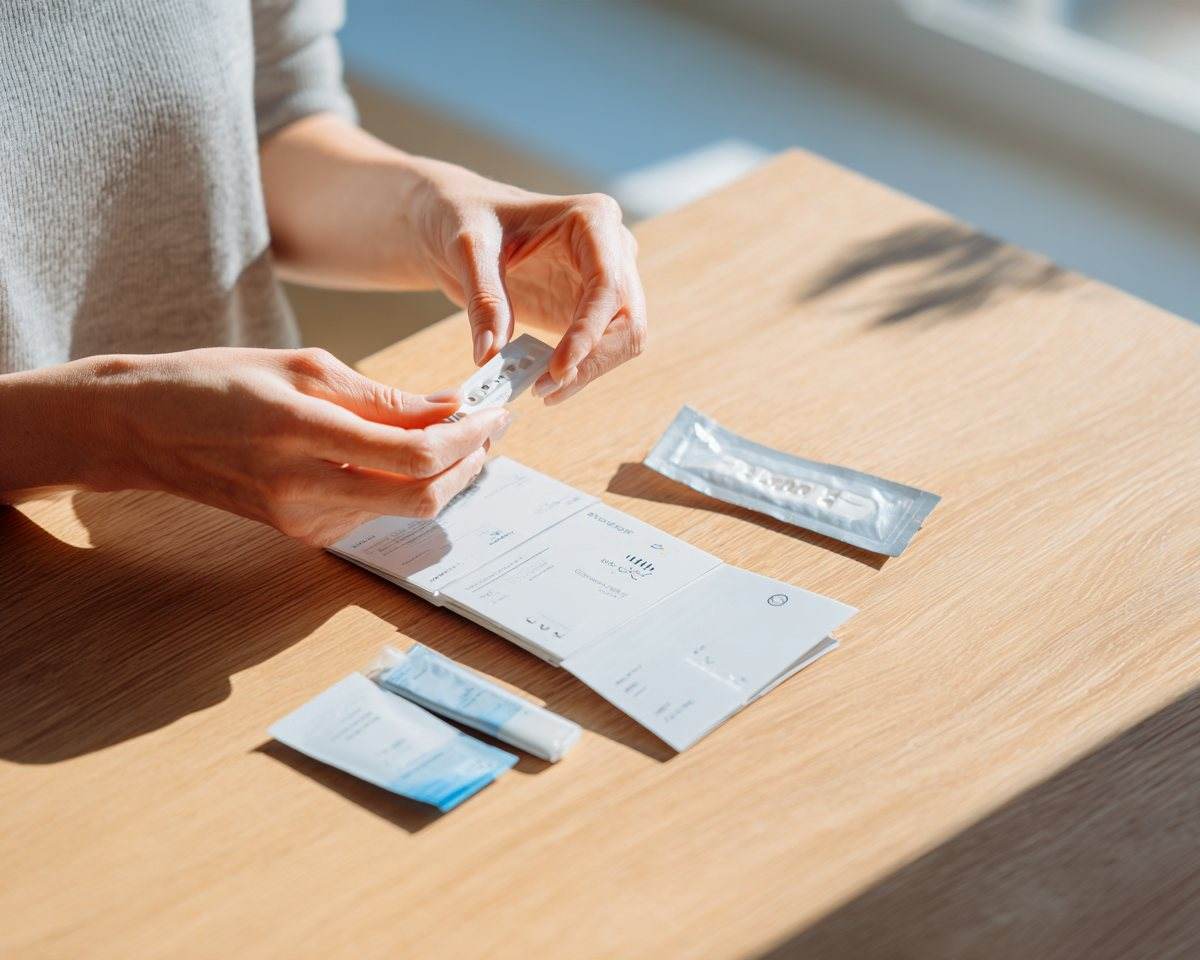 Hands opening an at-home test kit on a wooden table