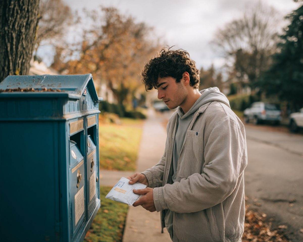 A young man dropping his return envelope at a mailbox