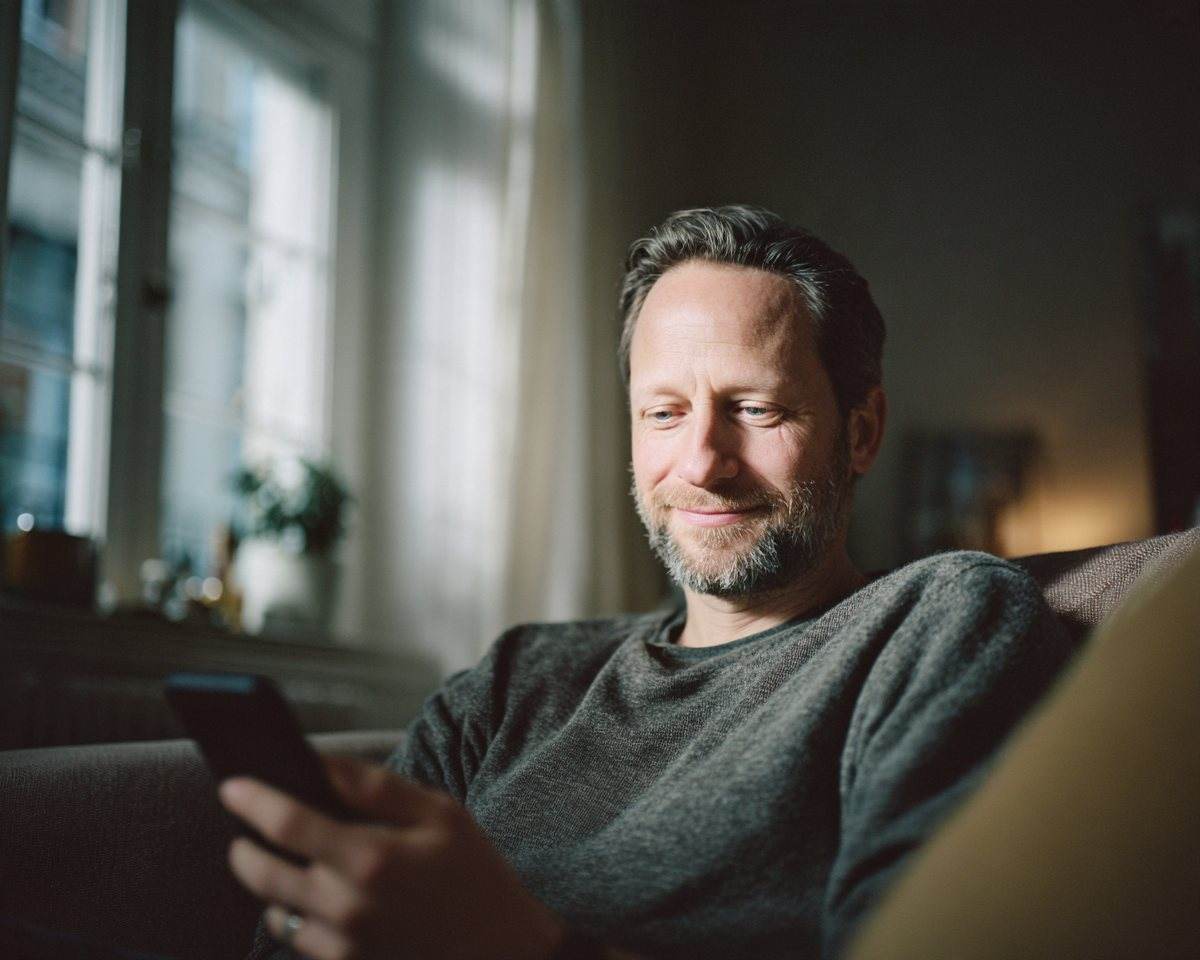 A man smiling while reading his results on his phone