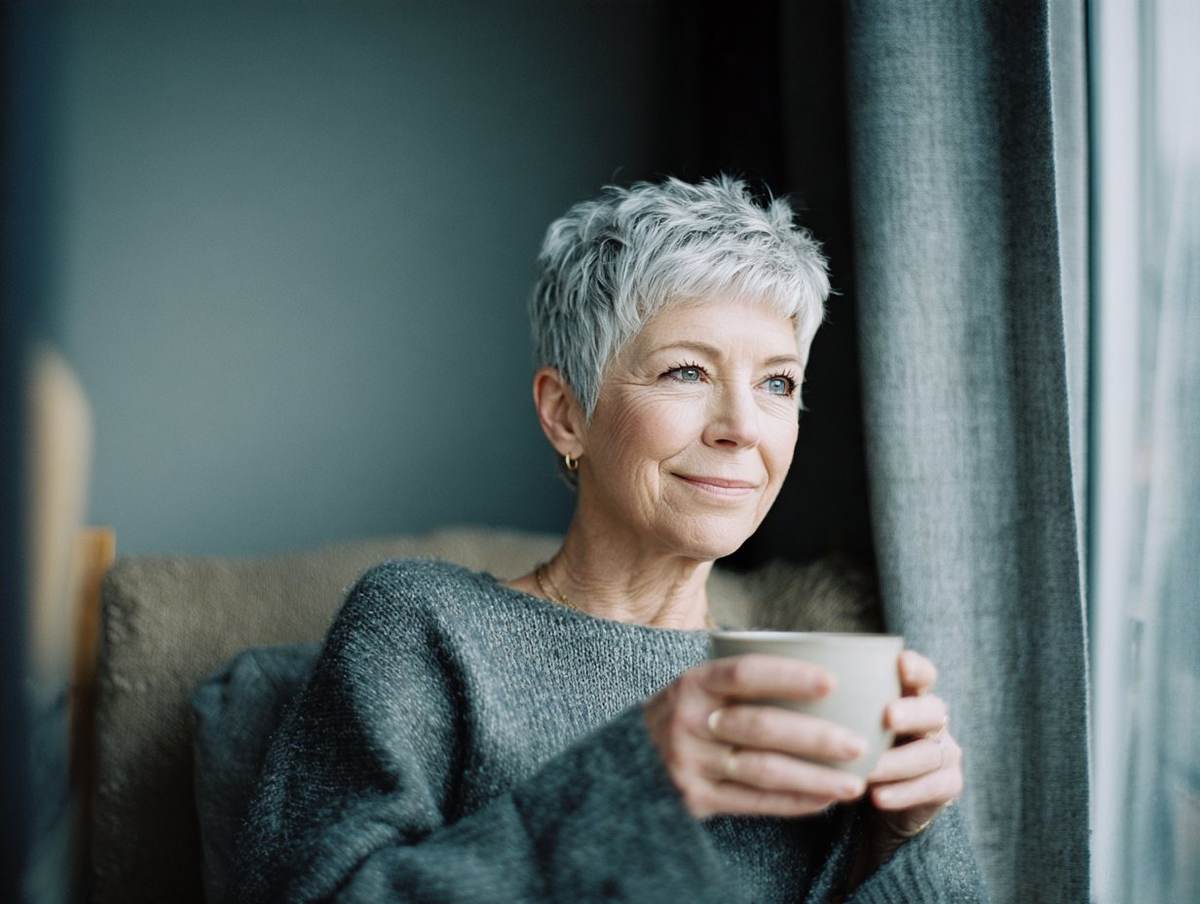An older woman relaxing by a window with a cup of tea