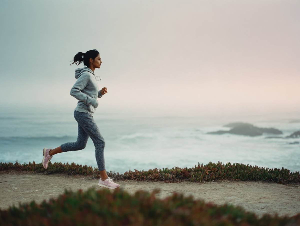 A woman jogging on a coastal path